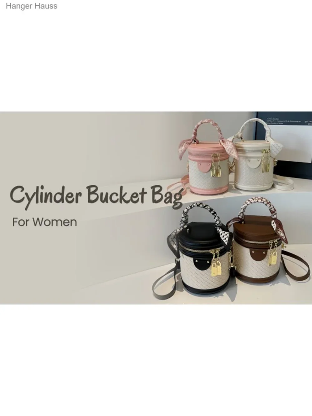 Mini Bucket Crossbody Bag Vegan Leather Woven Handbag Purse Adjustable Strap